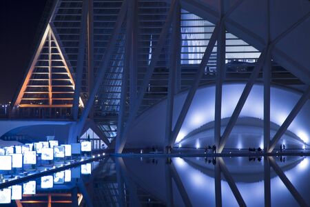 VALENCIA, SPAIN - JANUARY 01, 2016:  City of the Arts and Sciences, la Ciutat de les Arts i les CiÃ¨ncies is lit up at night,  in Valencia, Spainのeditorial素材