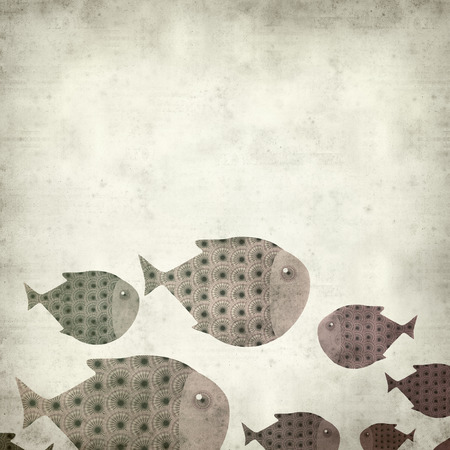 textured old paper background with swimming fish illustrationの写真素材