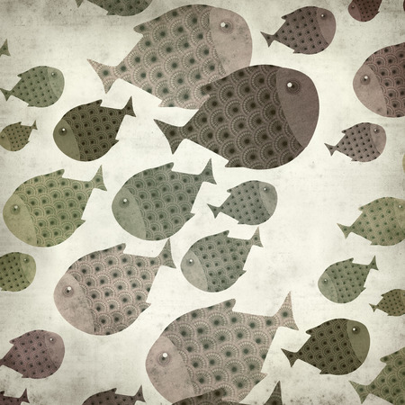 textured old paper background with swimming fish illustrationの写真素材