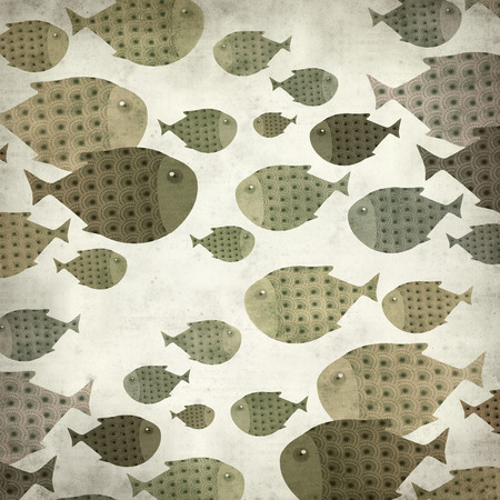 textured old paper background with swimming fish illustrationの写真素材