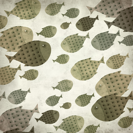 textured old paper background with swimming fish illustrationの写真素材