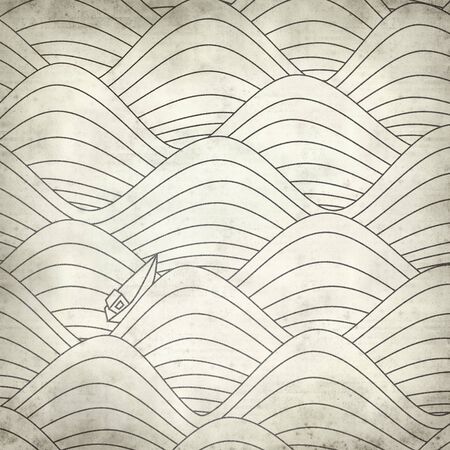 textured old paper background with waves and boats patternの写真素材