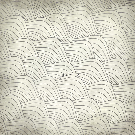 textured old paper background with waves and boats patternの写真素材