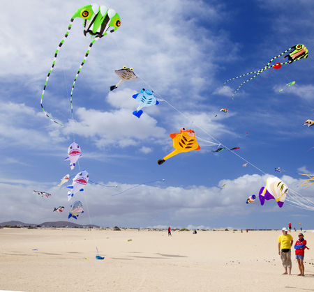 FUERTEVENTURA, SPAIN - NOVEMBER 11: Viewers watch from the ground as colorful kites fill the sky at 29th International Kite Festival, November 11, 2016 in Dunes of Corralejo, Fuerteventura, Spainのeditorial素材