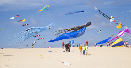 FUERTEVENTURA, SPAIN - NOVEMBER 11: Viewers watch from the ground as colorful kites fill the sky at 29th International Kite Festival, November 11, 2016 in Dunes of Corralejo, Fuerteventura, Spainのeditorial素材