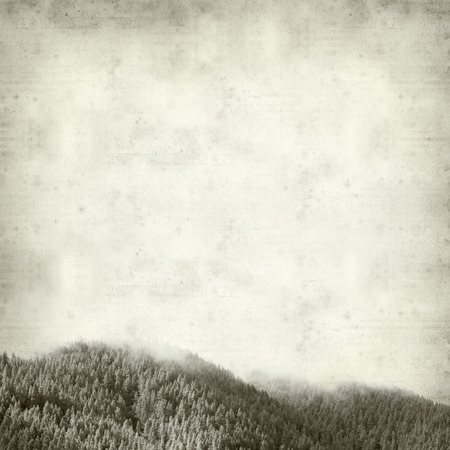 textured old paper background with pine-covered mountains in the fog の写真素材