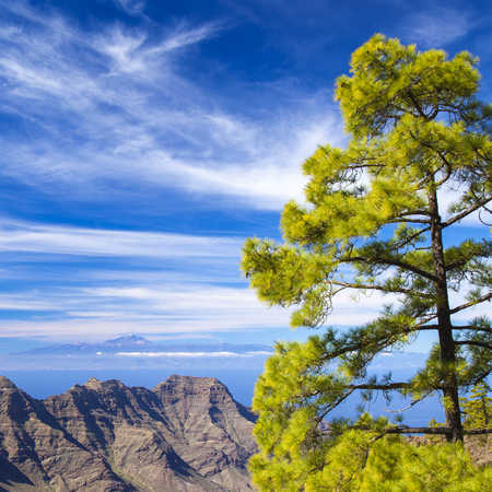 Gran Canaria, November 2018, view from strict nature reserve Inagua towrads Guigui massif and Teide on Tenerife above it, first snow on Teideの写真素材
