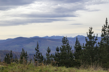 Cantabria, view from hiking path to  Monte Cilda, snow on Picos de Europa