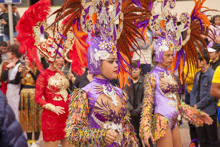 LAS PALMAS DE GRAN CANARIA, SPAIN - March 02: Samba groups in colorful costumes take part in Carnival parade along Las Canteras beach, on March 02, in Las Palmas de Gran Canaria, Spainのeditorial素材