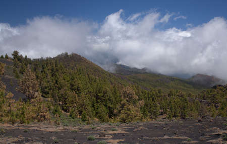 La Palma, long-range popular hiking route Ruta de Los Volcanes, landscapes around 
black crater of Hoyo Negro, i.e Black Hole, formed in 1949の写真素材