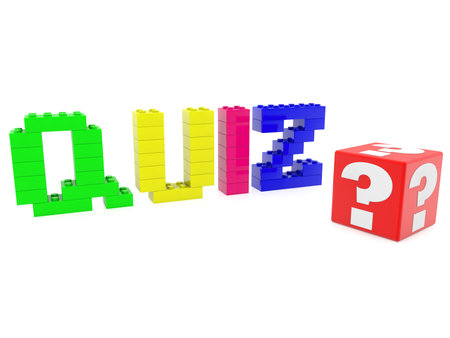 QUIZ concept from colored toy bricks with a red block with question marks on whiteの写真素材