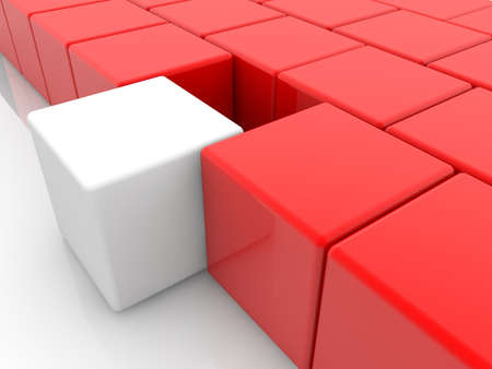 White cube as a connection between red color cubesの写真素材
