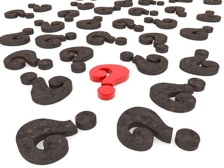 Question mark in red between rusty metal question marksの写真素材