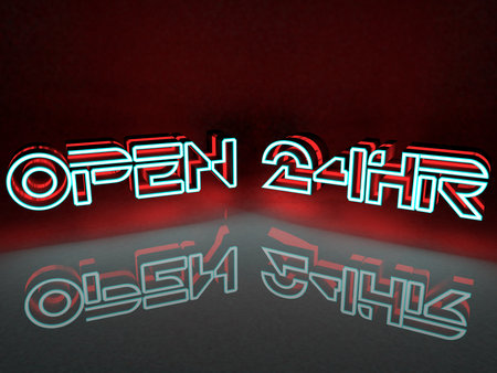 Neon light inscription open for 24 hours with red and blueの写真素材