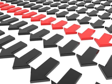 Row with red arrows between rows with black arrowsの写真素材