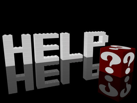 Help word with dice and question marks on black background, 3d renderの写真素材
