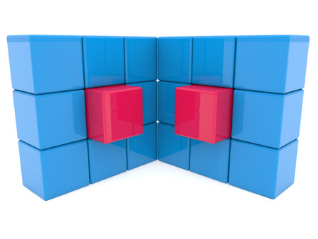 3d render of blue cubes with one red cube in the middleの写真素材