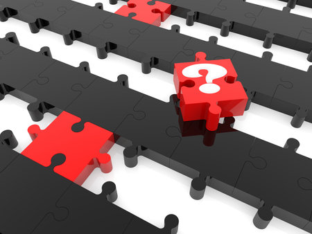 3d rendering of puzzle pieces with question mark in front of themの写真素材
