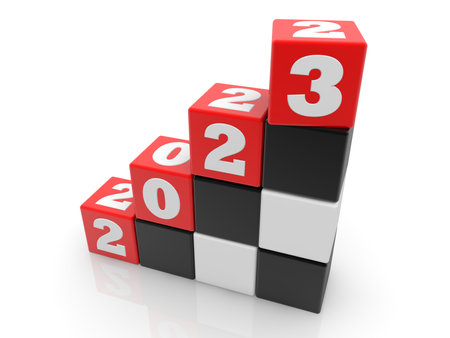 3d rendering of red cubes with the number 2022 on white backgroundの写真素材