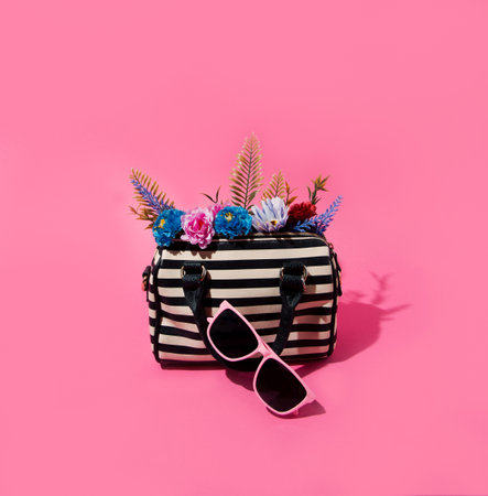 The women's bag is full of flowers with pink glasses. Flowers bloom from a woman's bag. Pink wallpaper. Minimal creative idea.の写真素材