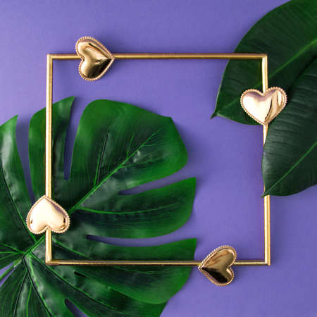Golden frame with green tropical leaves on a violet background. Place for text. Minimal elegant concept.の写真素材