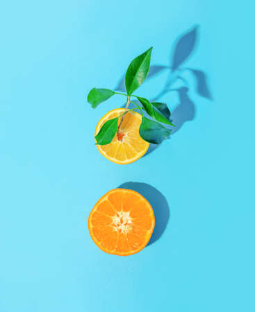 Summer tropical scene with fresh lemon and orange on blue background. Minimal aesthetic. Refreshment concept.の写真素材