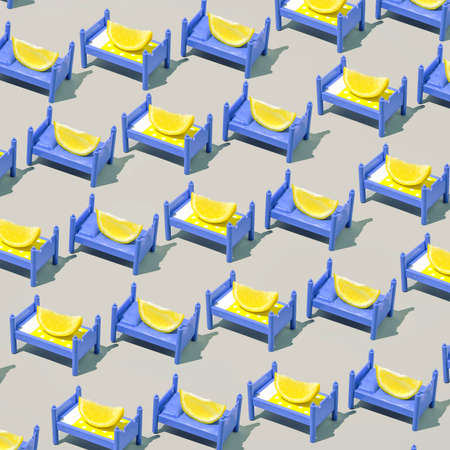 A pattern of yellow lemon lying on a purple bed. On a gray background. Summer composition.の写真素材