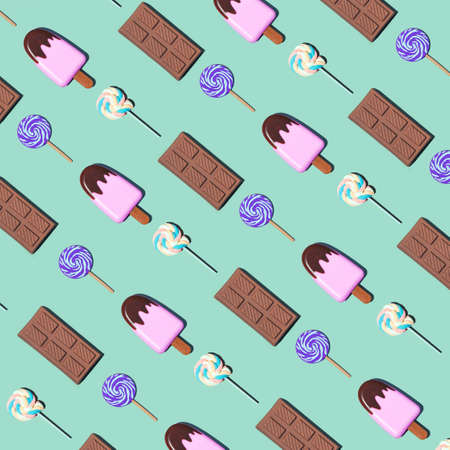 Candy pattern. Chocolate, ice cream and lollipops. Gentle colors. On a gray background.の写真素材