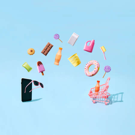Shopping over the phone. Advanced technology. Putting an item in the shopping cart. Pastel blue...