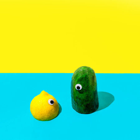 Lemon and cucumber to watch. Fruits and vegetables with eyes. Summer concept. Minimal food composition.の写真素材