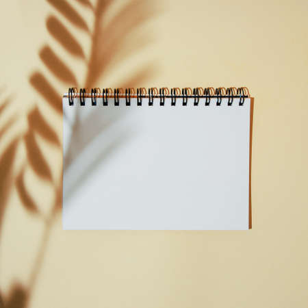 Shadow of palm leaves on a white notebook sheet. With space for text. Silhouettes of leaves on a...