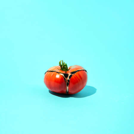 Red tomato painted on the back in panties. Summer scene. Aesthetics on a blue background.の写真素材