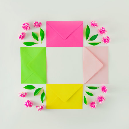 Colorful envelopes frame the text space with tiny pink flowers and green leaves. Aesthetics on a...