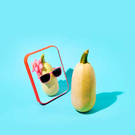 Zucchini with pink sunglasses and a pink bow in the mirror. Self-confidence. Filters. Minimal aesthetics on a blue background.の写真素材