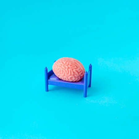 The brain rests on the bed. Minimal funny composition on blue backgrounds.の写真素材