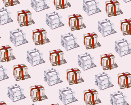 Patern of creative ice cube ideas in the form of Christmas gifts. Minimal trendy idea on a white table.の写真素材