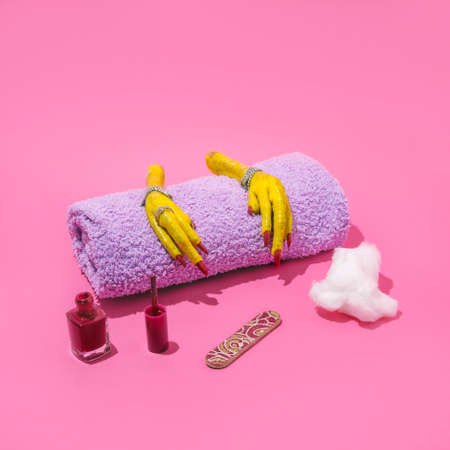 A creative inspirational idea of chicken manicure in the salon. Funny, fashion, modern or makeup concept.の写真素材