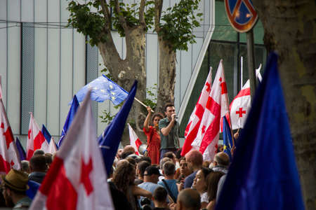 TBILISI, GEORGIA - JULY 08, 2019: Georgian protests in front of the Parliament of Georgia, also...