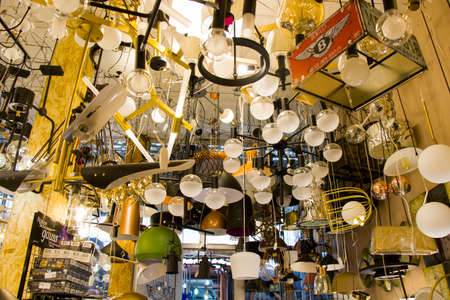 Large group of bulbs in light shop, light bulbs backgroundのeditorial素材