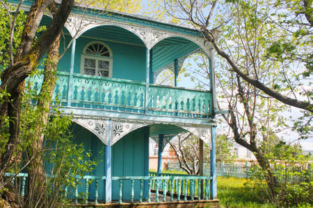 Dukhobors blue house in village. The Doukhobours or Dukhobors are a Spiritual Christian religious group of Russian origin. They are one of many non-Orthodox ethnic-confessional faiths in Georgia. Javakheti, Georgiaのeditorial素材