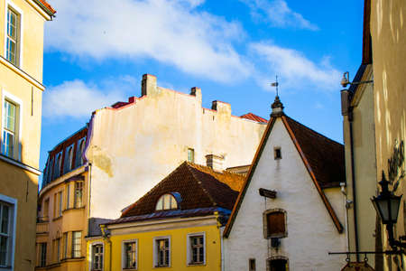 TALLINN, ESTONIA - OCTOBER 20, 2017: Buildings and architecture exterior view in old town of Tallinn, colorful old style houses and street situation.のeditorial素材