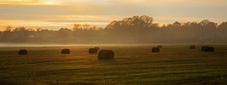 Village houses and forest, mist and fog.Panorama of hay stack valley at the sunset time, agriculture sceneの写真素材