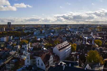 City view of Tallinn. Buildings and architecture exterior view in old town of Tallinn, colorful old...