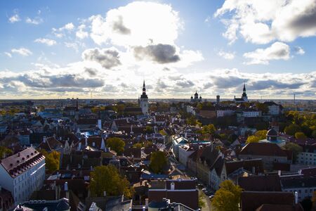 City view of Tallinn. Buildings and architecture exterior view in old town of Tallinn, colorful old style houses. Panoramic view. Estonian architecture.の写真素材
