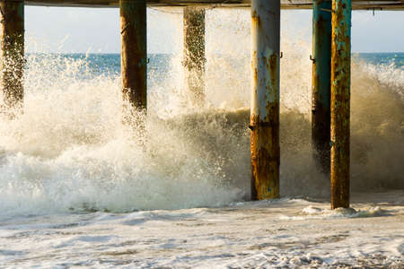Sea and waves, stormy weather, waves and splashes in Batumi, Georgia. Stormy Black sea. Water background.の写真素材