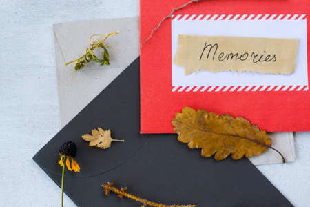 Envelope and autumn dried plants and flowers, memories word on the old paper