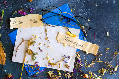 Envelope and autumn dried plants and flowers, memories word on the old paper