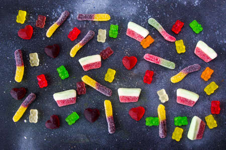 Mixed jelly marmalade, high angle view of taste sweet snack, colorful candy