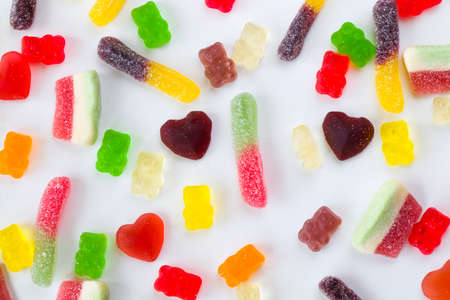 Mixed jelly marmalade, high angle view of taste sweet snack, colorful candy