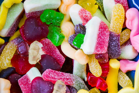 Mixed jelly marmalade, high angle view of taste sweet snack, colorful candy